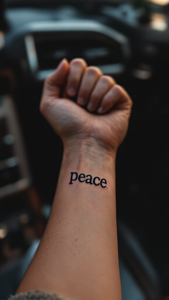 A close-up of a hand with a tattoo of the word 'peace' on the wrist, symbolizing a message of harmony.