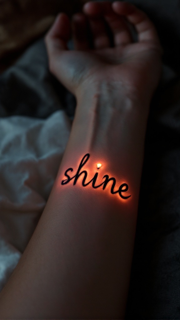 A close-up of a forearm tattoo with the word 'shine' written in cursive.