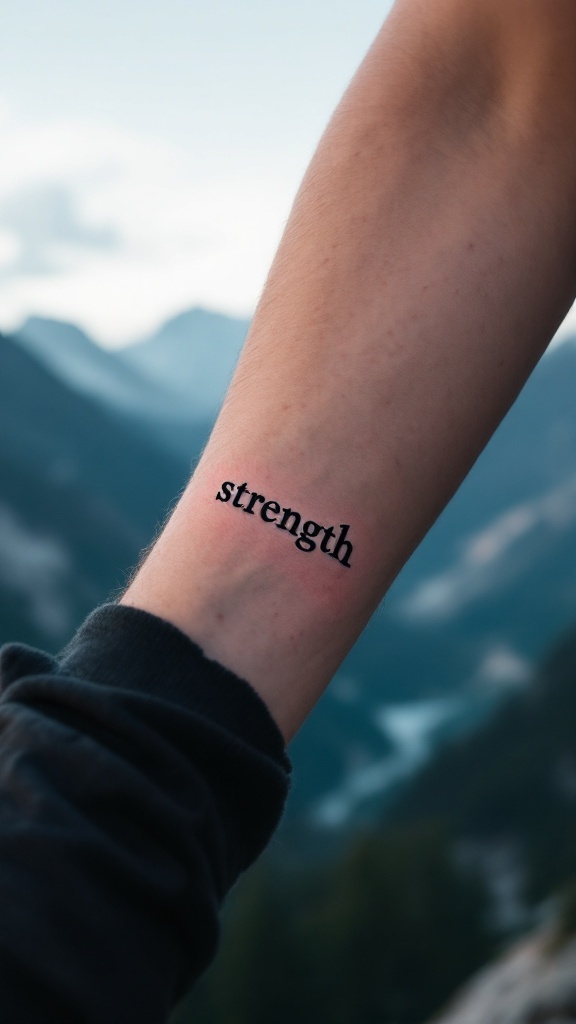 A close-up of a forearm tattoo reading 'strength', set against a picturesque mountain backdrop.