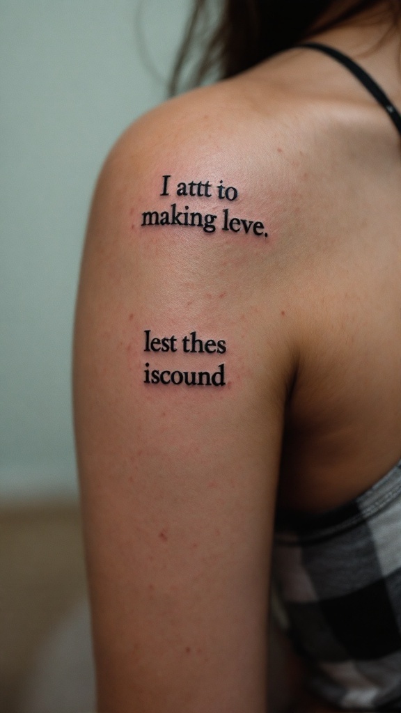 Tattoo on shoulder with small words