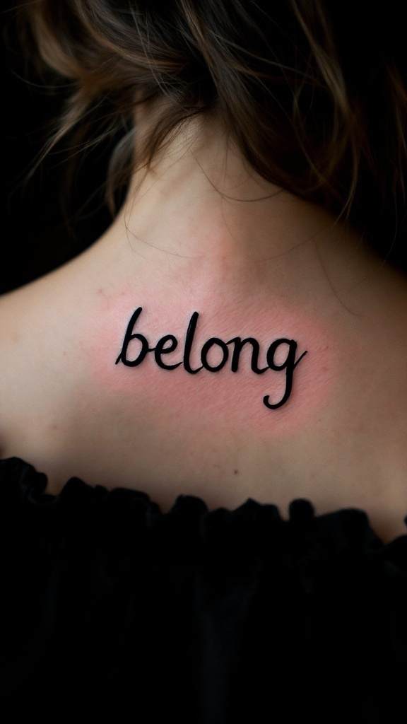 A close-up image of a tattoo on a person's back that says 'belong'.