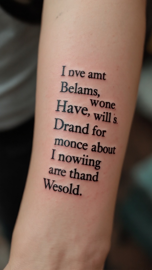 A close-up image of a small word tattoo featuring various phrases in a unique font.