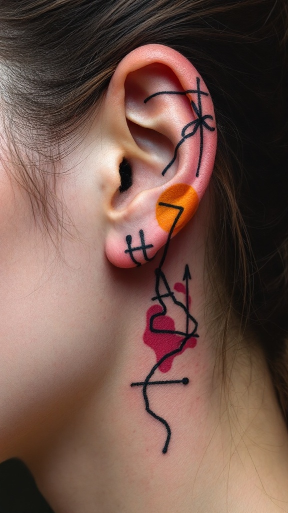 A close-up of an abstract tattoo design located behind the ear, featuring bold lines and vibrant colors.