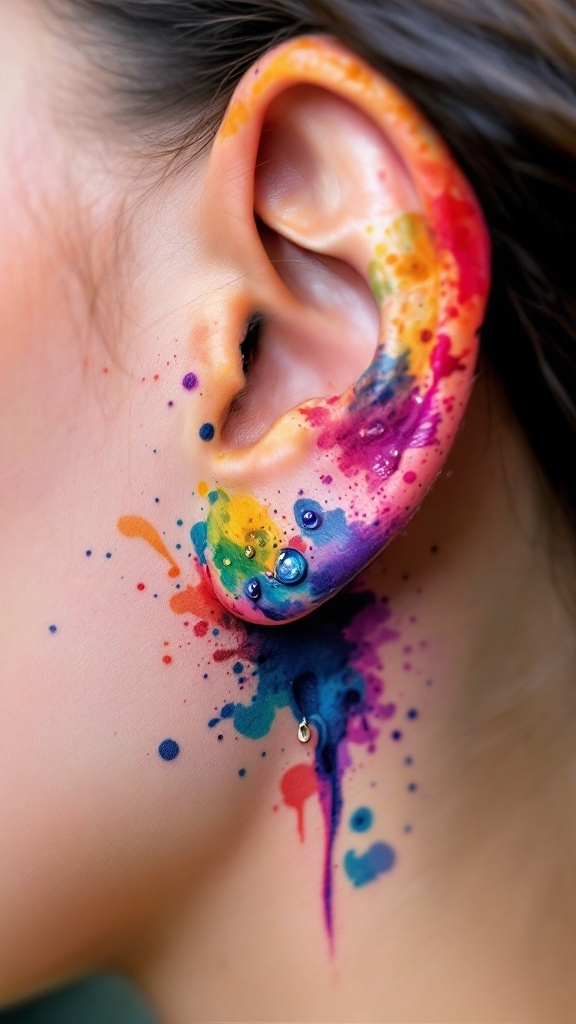 Colorful watercolor tattoo design behind the ear