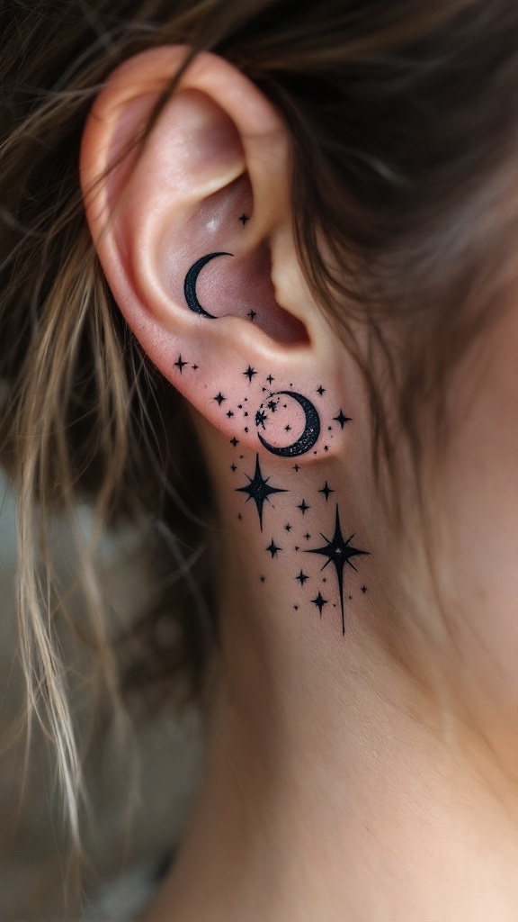 A tattoo featuring moons and stars behind the ear.