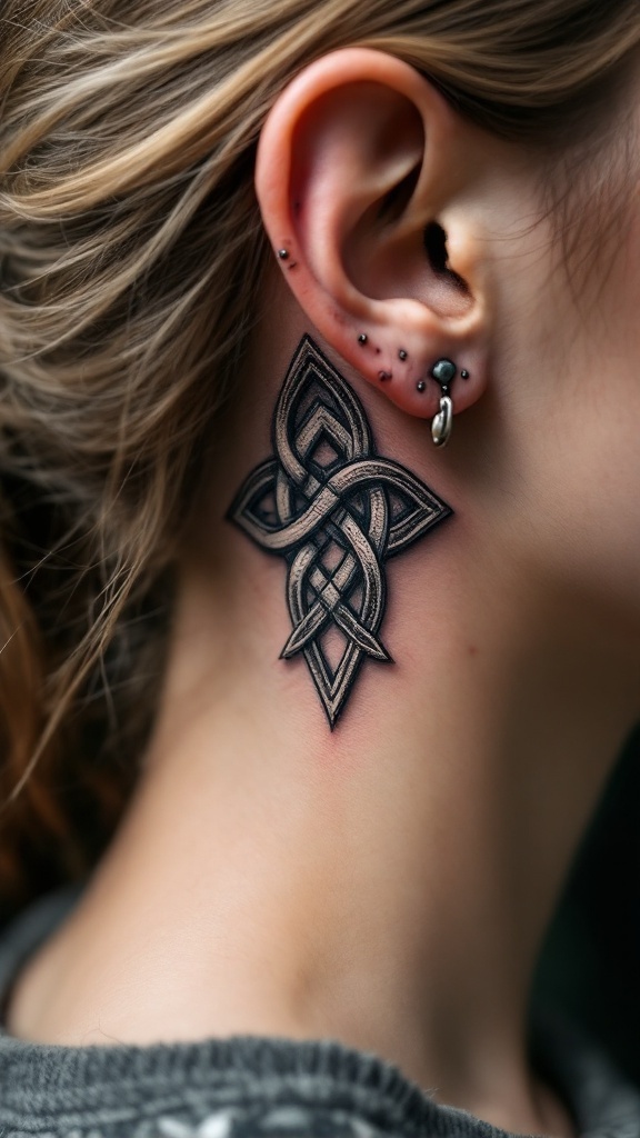 A detailed Celtic knot tattoo behind the ear.