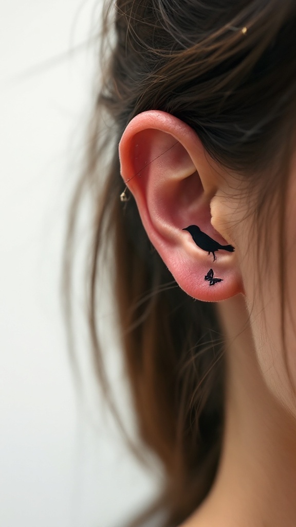 Behind-the-ear tattoo of a bird and a butterfly silhouette.