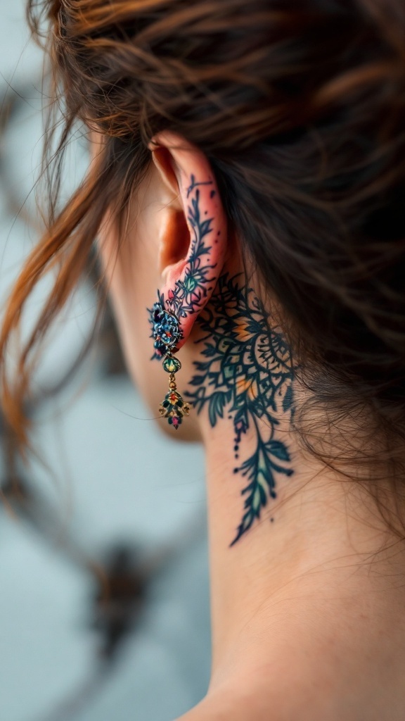 A close-up of a colorful mandala tattoo behind the ear, complemented by earrings.