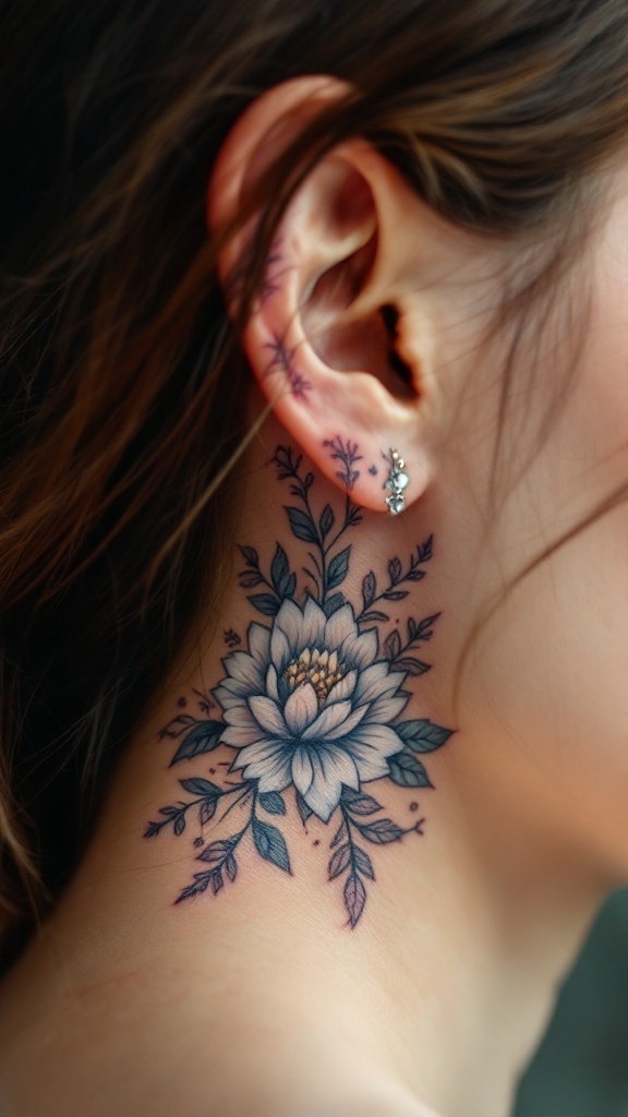 A beautiful floral tattoo behind the ear, featuring a large flower and delicate leaves.