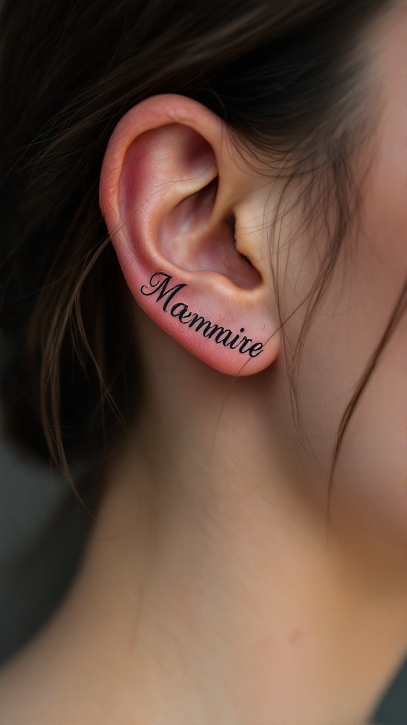 Close-up of a behind-the-ear tattoo with the word 'Mammire' in an elegant script font.