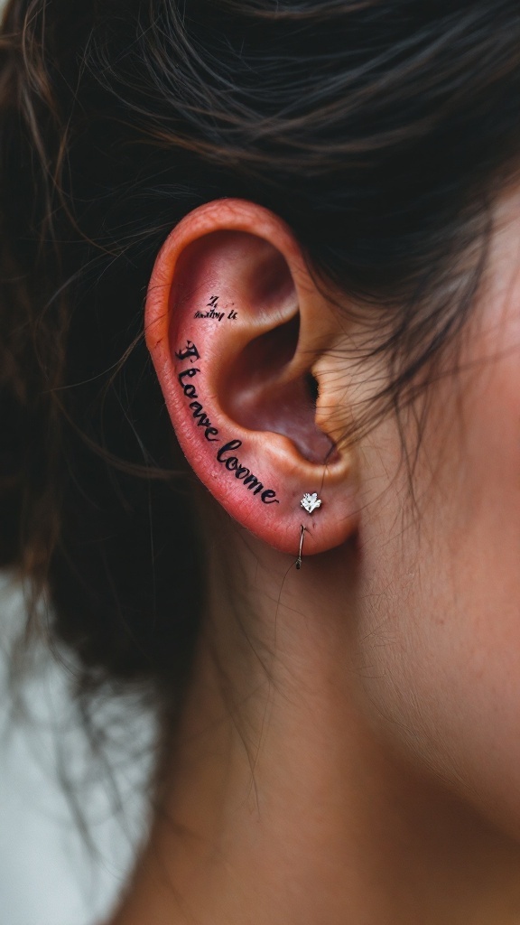 A close-up of a behind the ear tattoo featuring inspiring quotes.