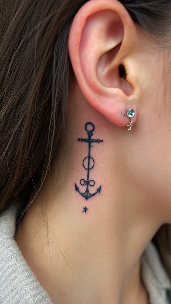 A close-up image of a behind-the-ear tattoo featuring an anchor design with a circle and star.