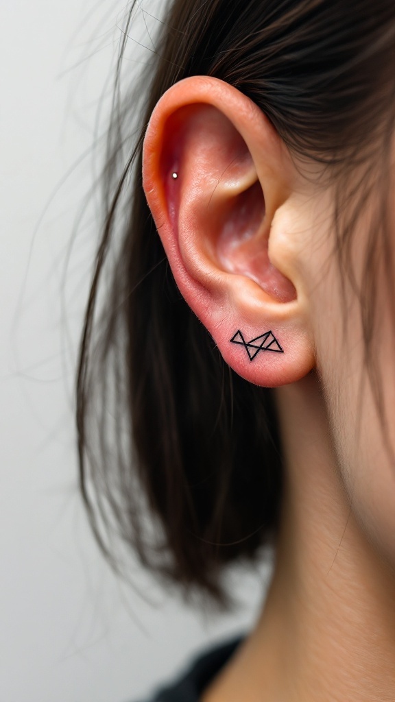 A close-up of a person's ear with a minimalist geometric tattoo behind it, featuring triangular shapes.