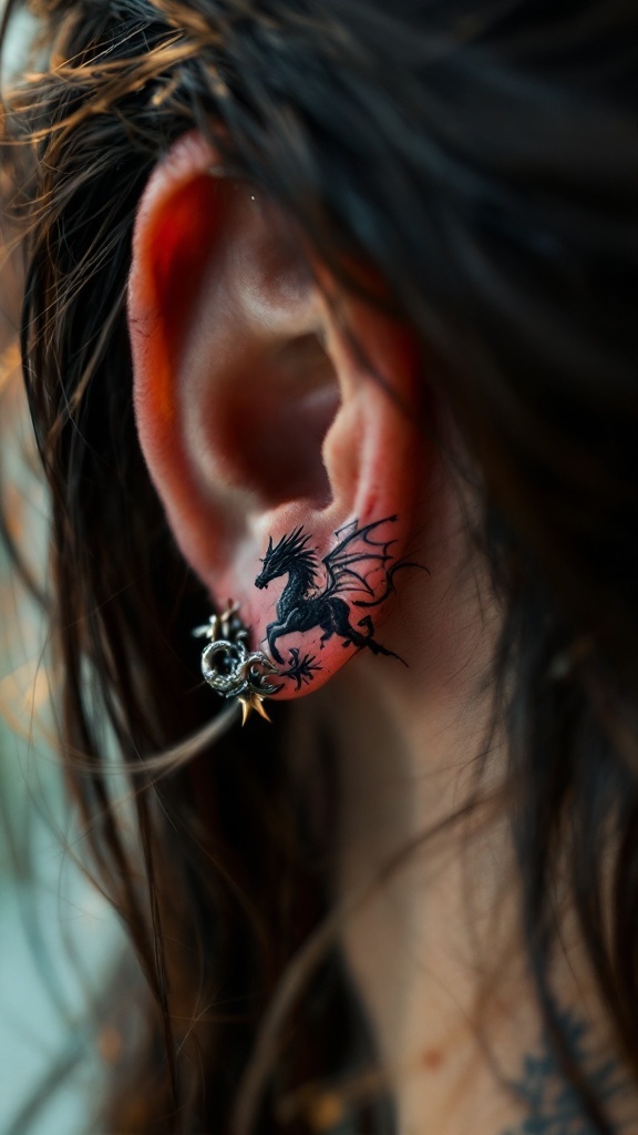 A close-up image of a dragon tattoo behind the ear