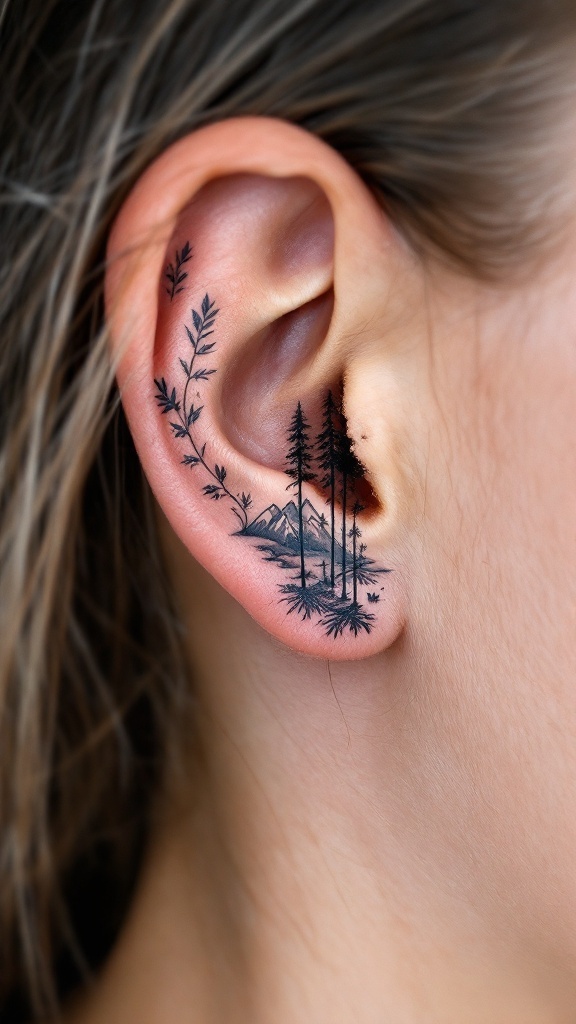 A nature-inspired tattoo behind the ear featuring trees, leaves, and mountains.