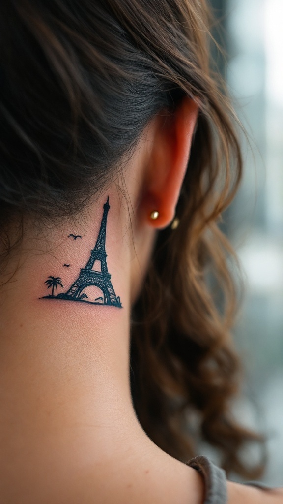 A tattoo of the Eiffel Tower and a palm tree behind a person's ear.