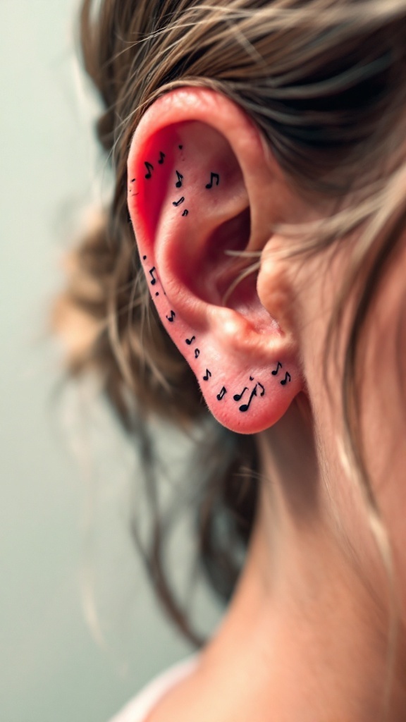 Tattoo of music notes behind the ear