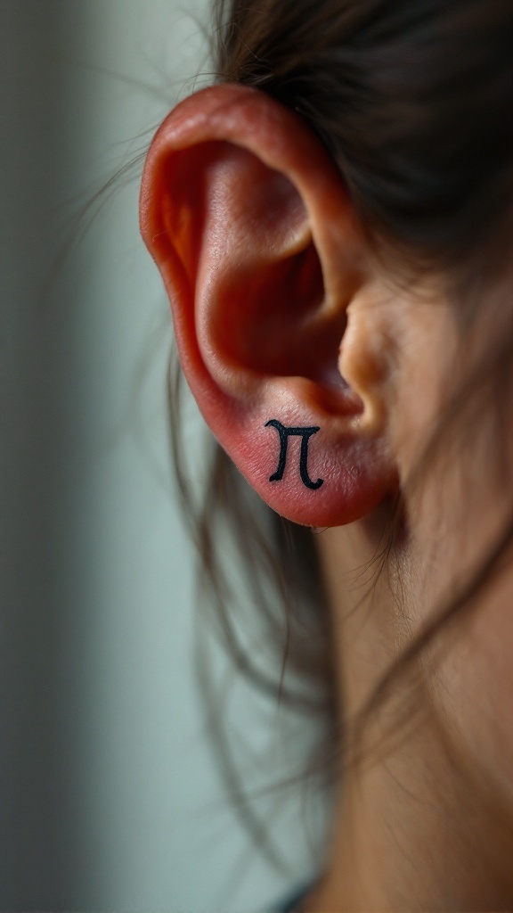 A close-up of a tattoo featuring the Pisces symbol behind the ear.