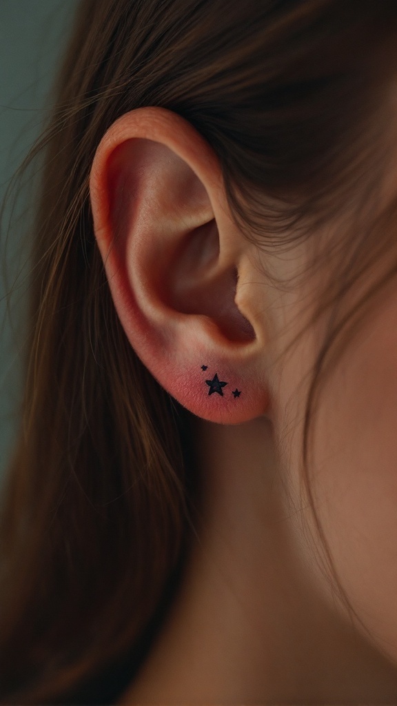 A close-up of a person's ear with tiny star tattoos behind the ear.