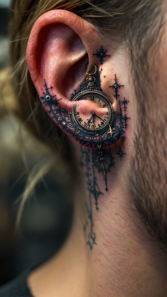 A detailed vintage-inspired tattoo of a pocket watch behind the ear, surrounded by stars and ornamental designs.