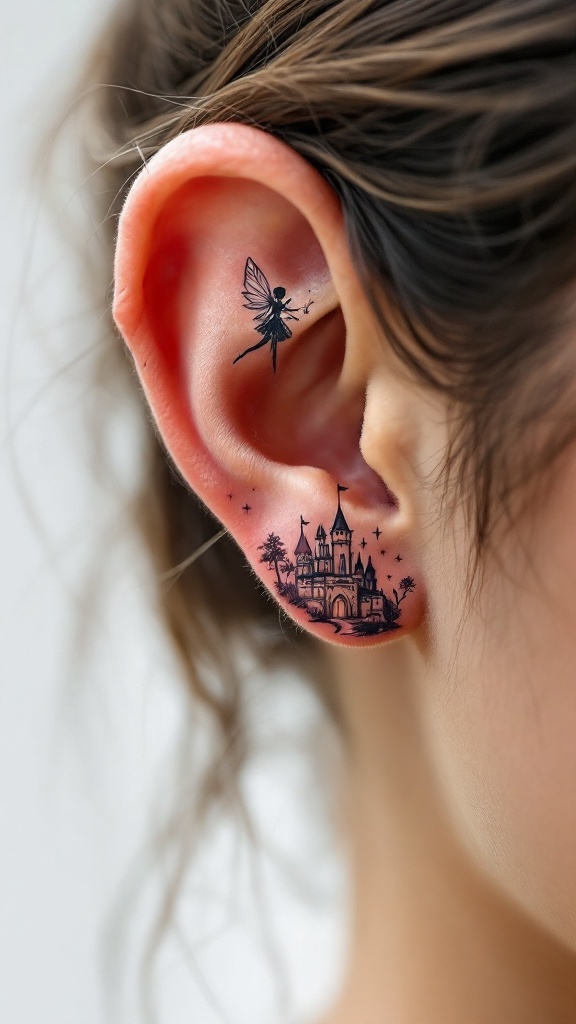 Tattoo of a fairy and castle behind the ear