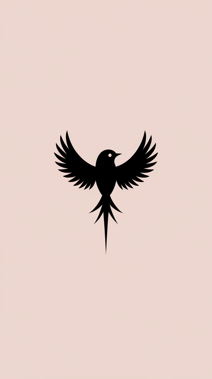 A black silhouette of a bird with outstretched wings on a soft pink background.