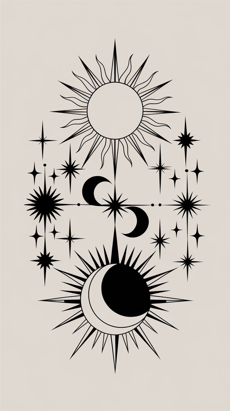 Tattoo design featuring sun, moon, and stars, representing astrological symbols