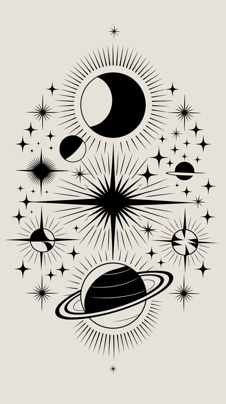 A tattoo design featuring celestial elements like the moon, stars, and planets.