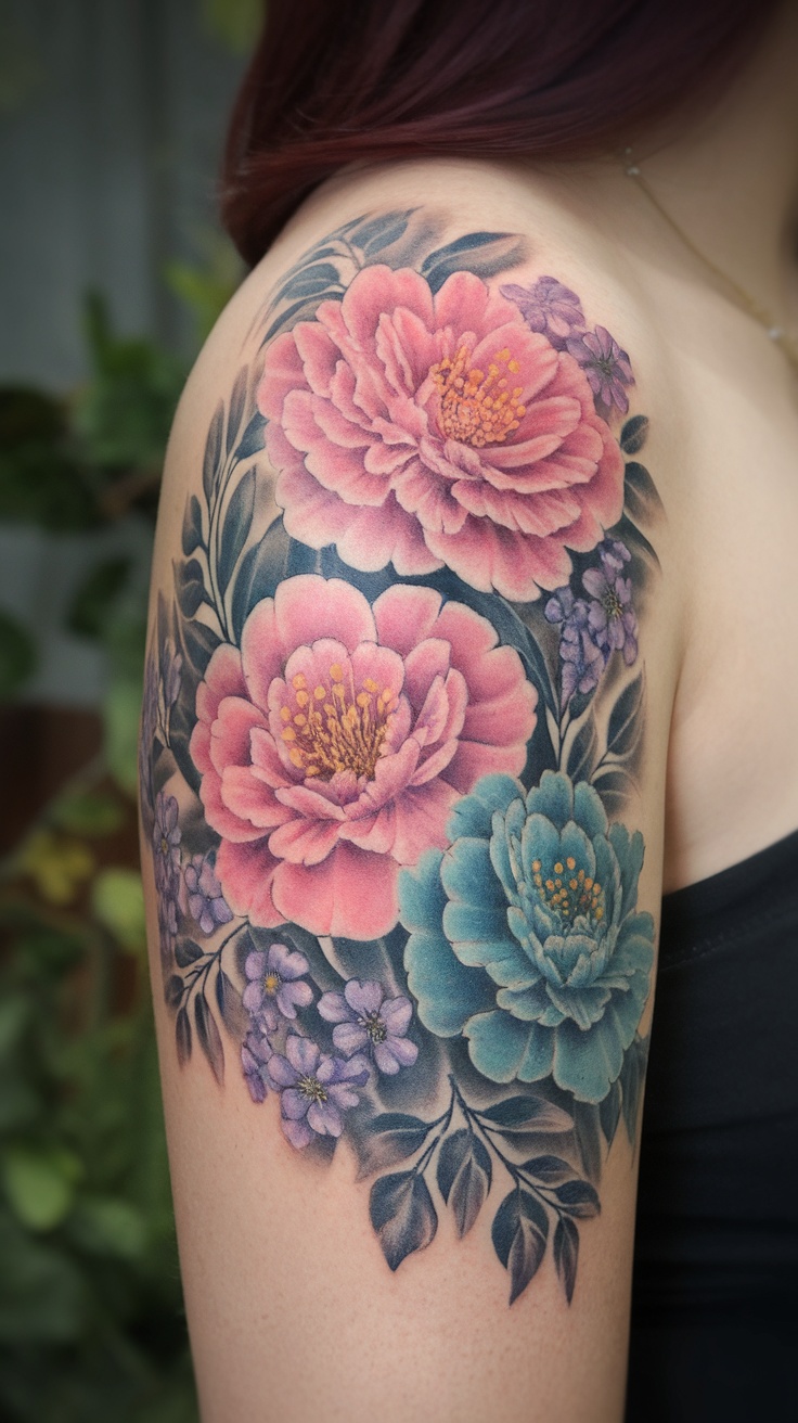 Colorful floral tattoo featuring peonies and small flowers, located behind the ear