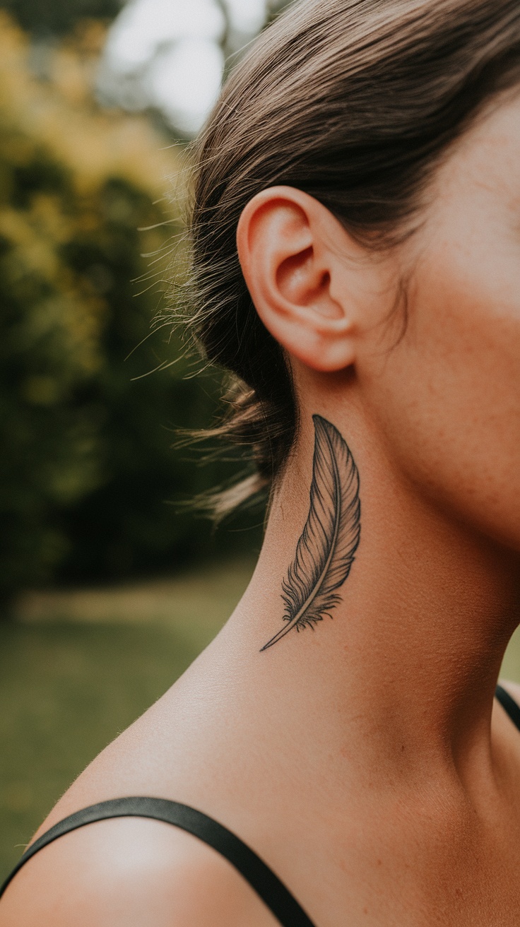 A tattoo of a feather on the neck, positioned behind the ear.