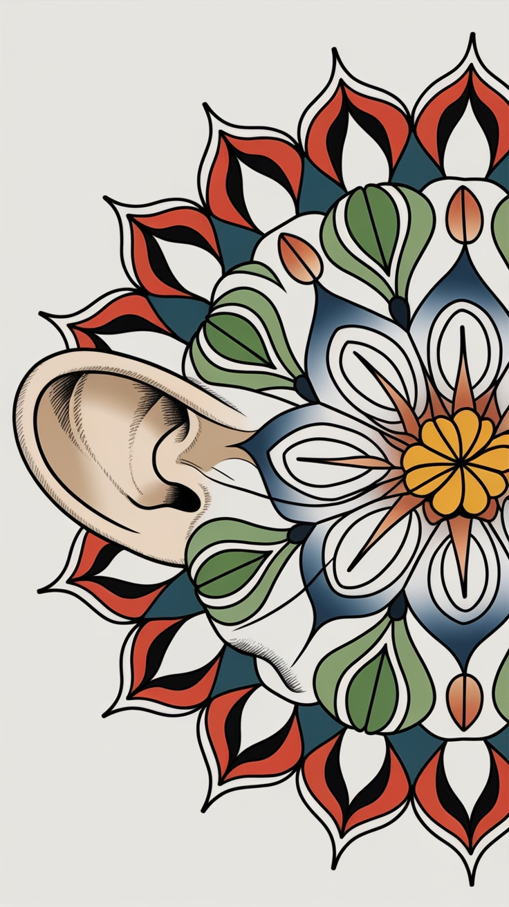 An artistic representation of an ear surrounded by a colorful mandala pattern.