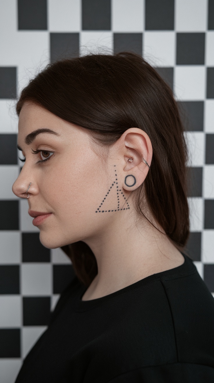 A profile view of a woman with a minimalist geometric tattoo behind her ear, featuring a triangle and a circle.