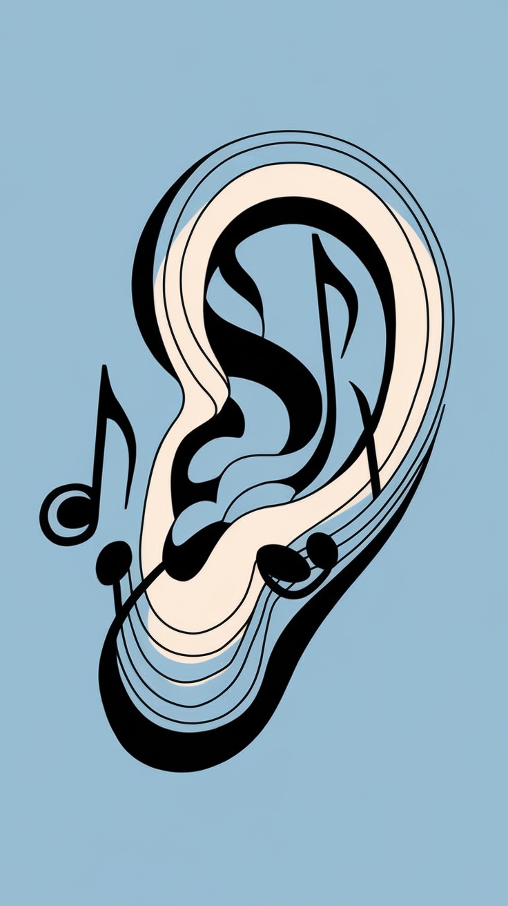 Artistic representation of ear with musical notes and symbols