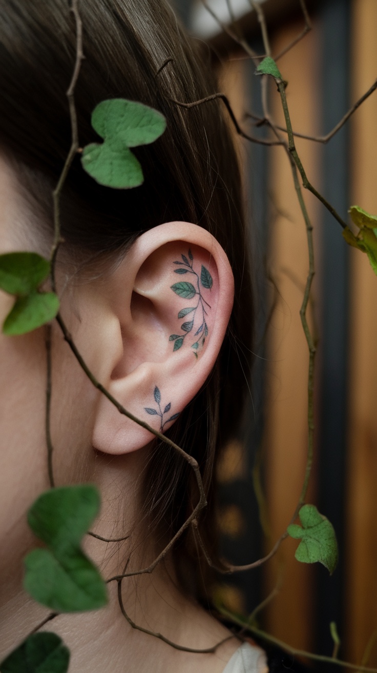 Close-up of a person's ear with delicate green leaf tattoos behind it, surrounded by vines.