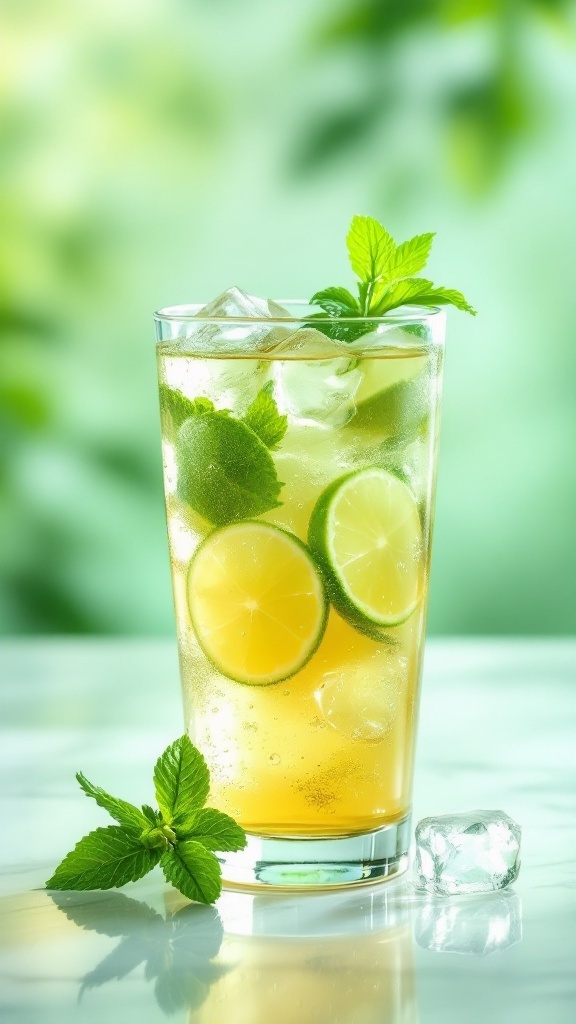 A refreshing Achiever's Fizz mocktail with mint and lime in a glass