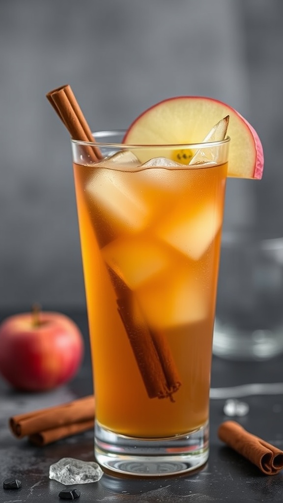 A refreshing Aged To Perfection Apple Fizz Mocktail in a glass with ice, garnished with an apple slice and cinnamon sticks.