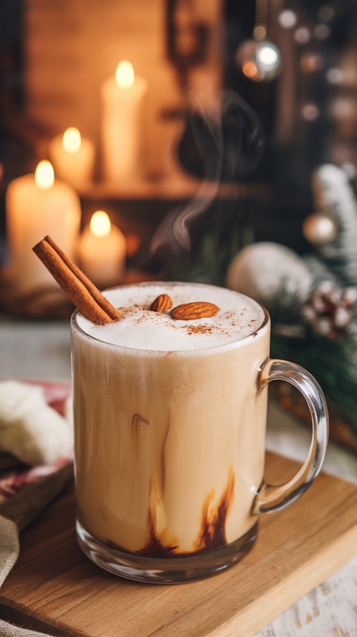 A steaming mug of almond chai mocktail with a cinnamon stick and almonds, set against a cozy background of candles and festive decor.