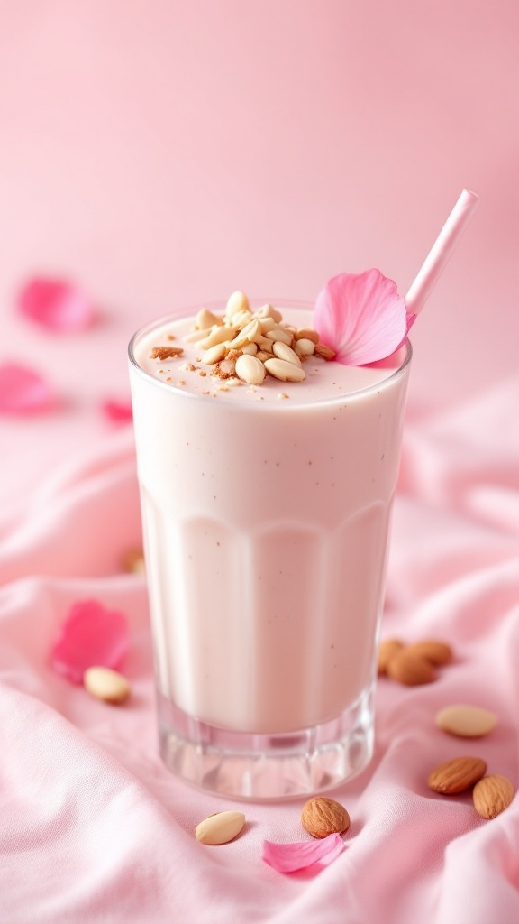 A pink almond rose mocktail topped with pine nuts and a flower petal in a glass.