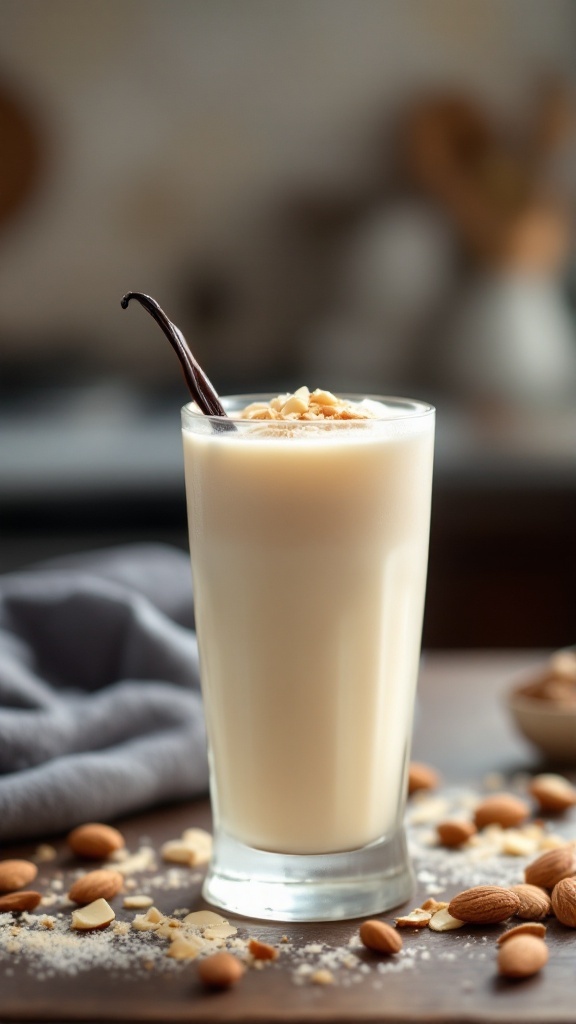 A creamy Almond Vanilla Mocktail garnished with a vanilla pod and almonds.