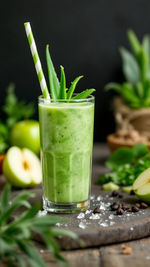 A glass of aloe vera and green apple juice with a straw and fresh ingredients around it.