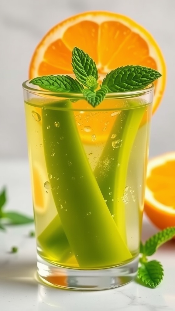 A glass of Aloe Vera Citrus Soother Juice garnished with mint and orange slices.