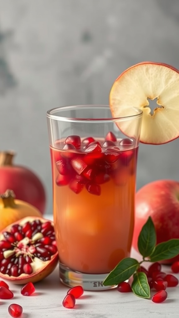 A glass of antioxidant apple pomegranate juice with apples and pomegranate seeds.