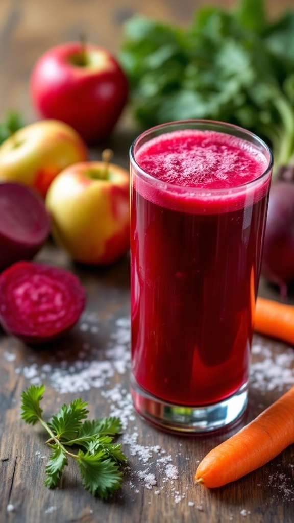 A glass of vibrant apple beetroot carrot juice surrounded by fresh apples, beetroot, and carrots.