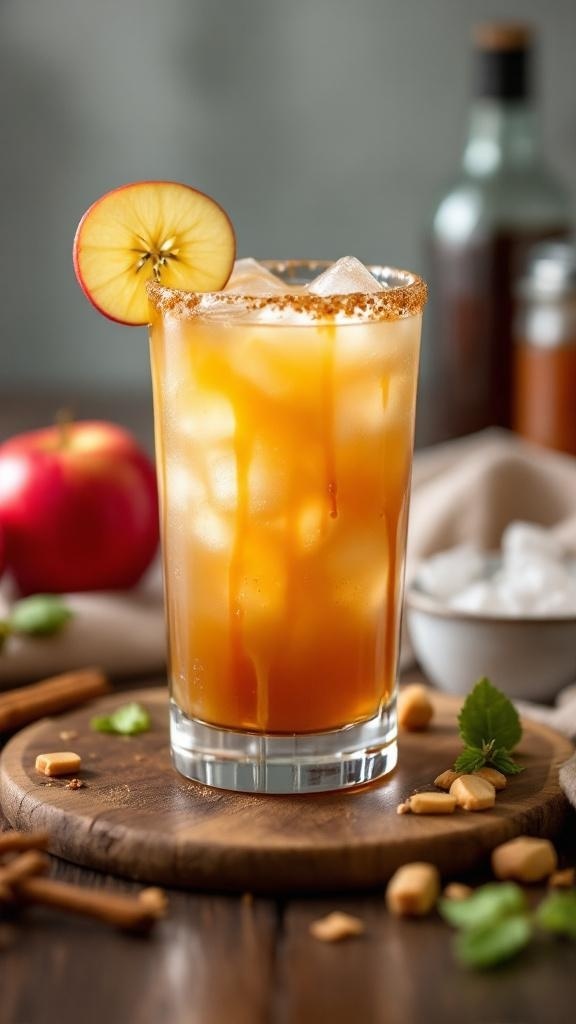 A refreshing Apple Butterscotch Mocktail garnished with a slice of apple, served in a glass.