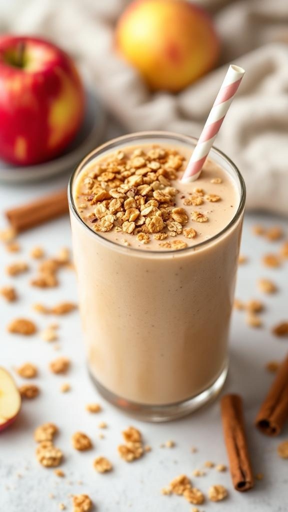 A creamy apple cinnamon smoothie topped with granola and a straw.
