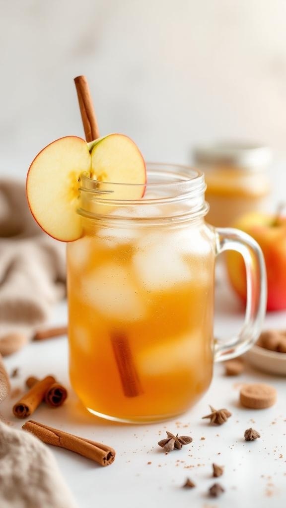 A refreshing apple cinnamon honey mocktail in a glass, garnished with a slice of apple and a cinnamon stick.