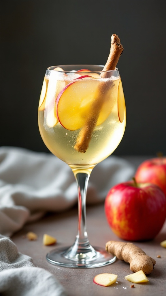 A glass of Apple Ginger Spritz mocktail garnished with apple slices and a cinnamon stick, with fresh apples beside it.