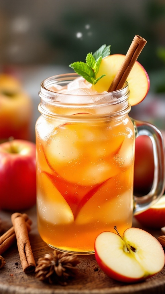 A refreshing Apple Juice Sparkler Mocktail with apple slices and cinnamon
