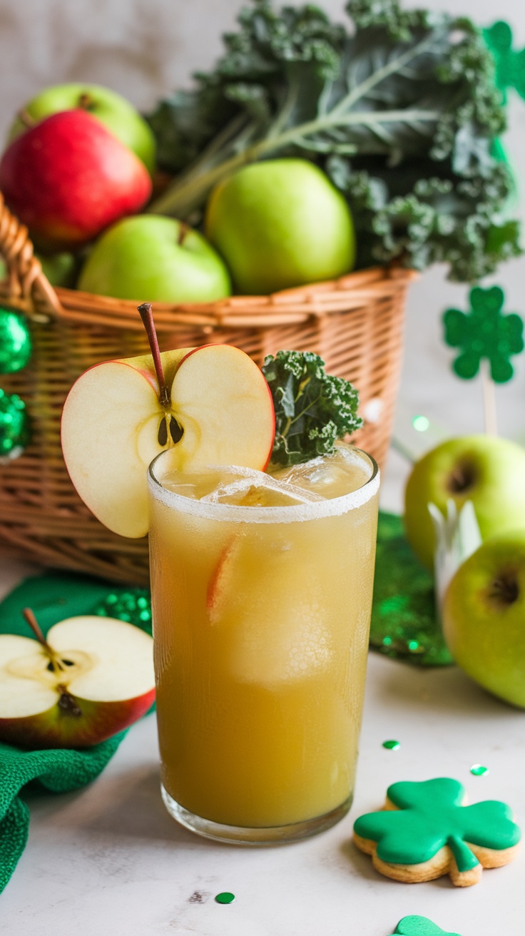 A fresh Apple Kale Mocktail served in a glass, garnished with an apple slice and kale, with a basket of apples in the background.