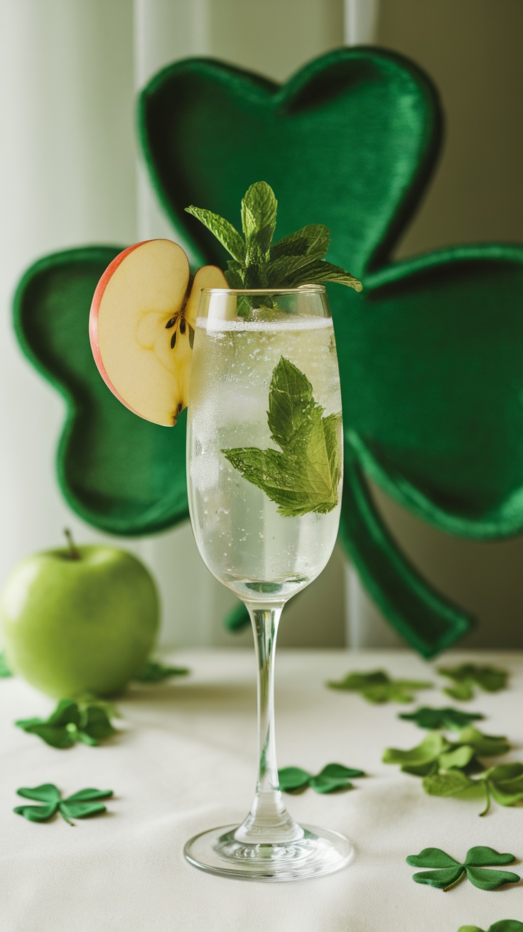 A refreshing Apple Mint Sparkler Mocktail garnished with mint and apple slices, set against a green shamrock background.